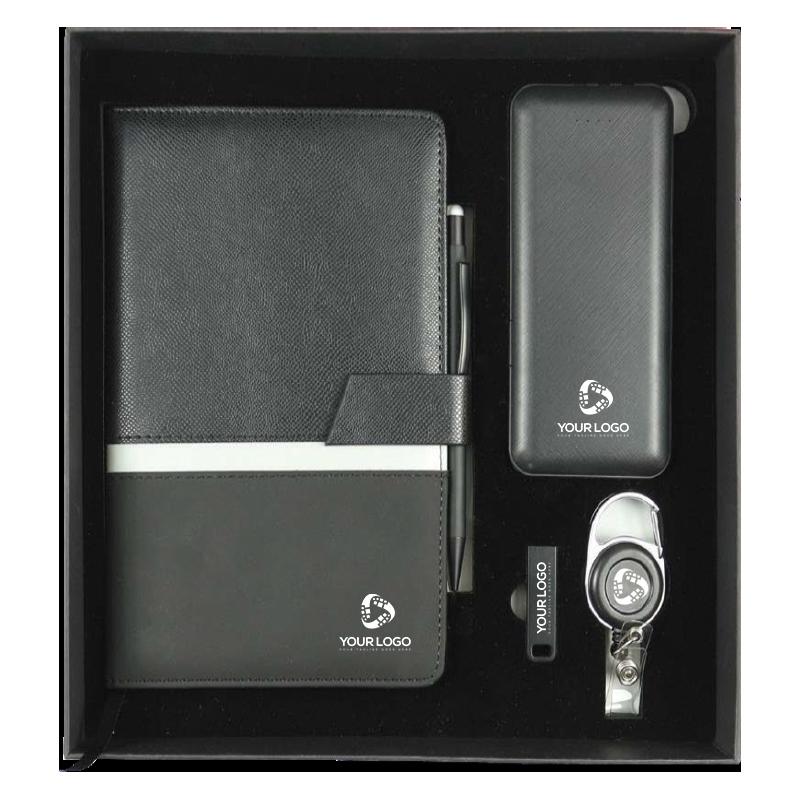 Black Cardboard Gift Box With Black Leather Notebook, Pen with Stylus, Powerbank with built-in cable